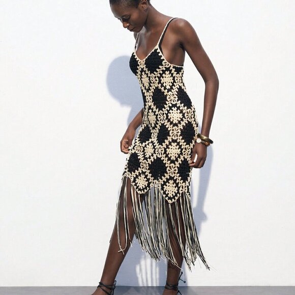 Black and White Party Women's Contrast Color Crochet Knit Sweater Dress - Picture 2 of 8